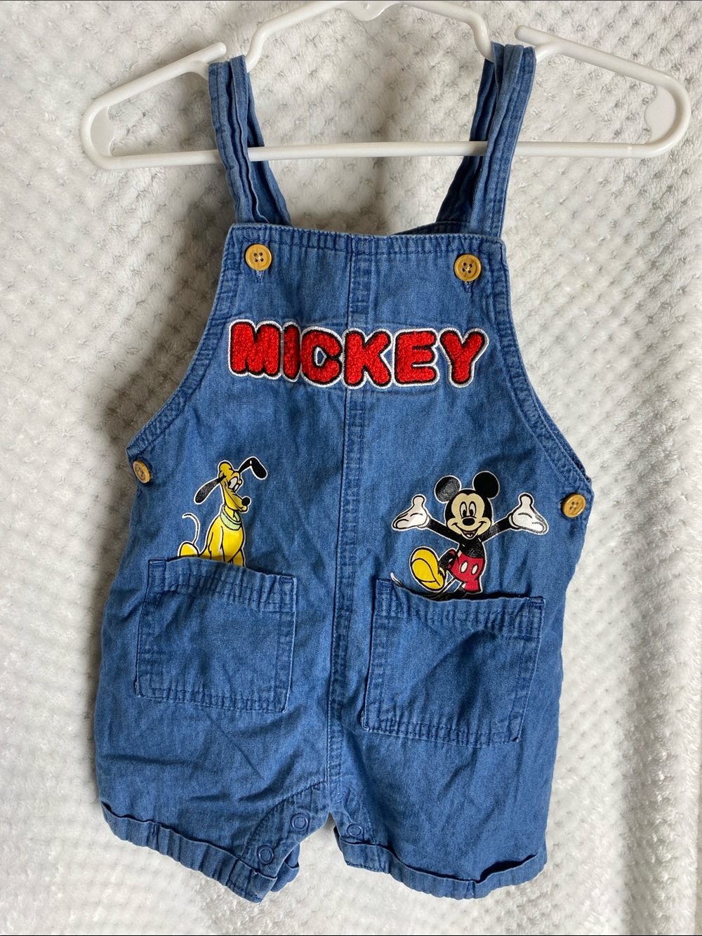 Disney Baby Blue Chambray Denim Look Mickey & Pluto Characters Overalls